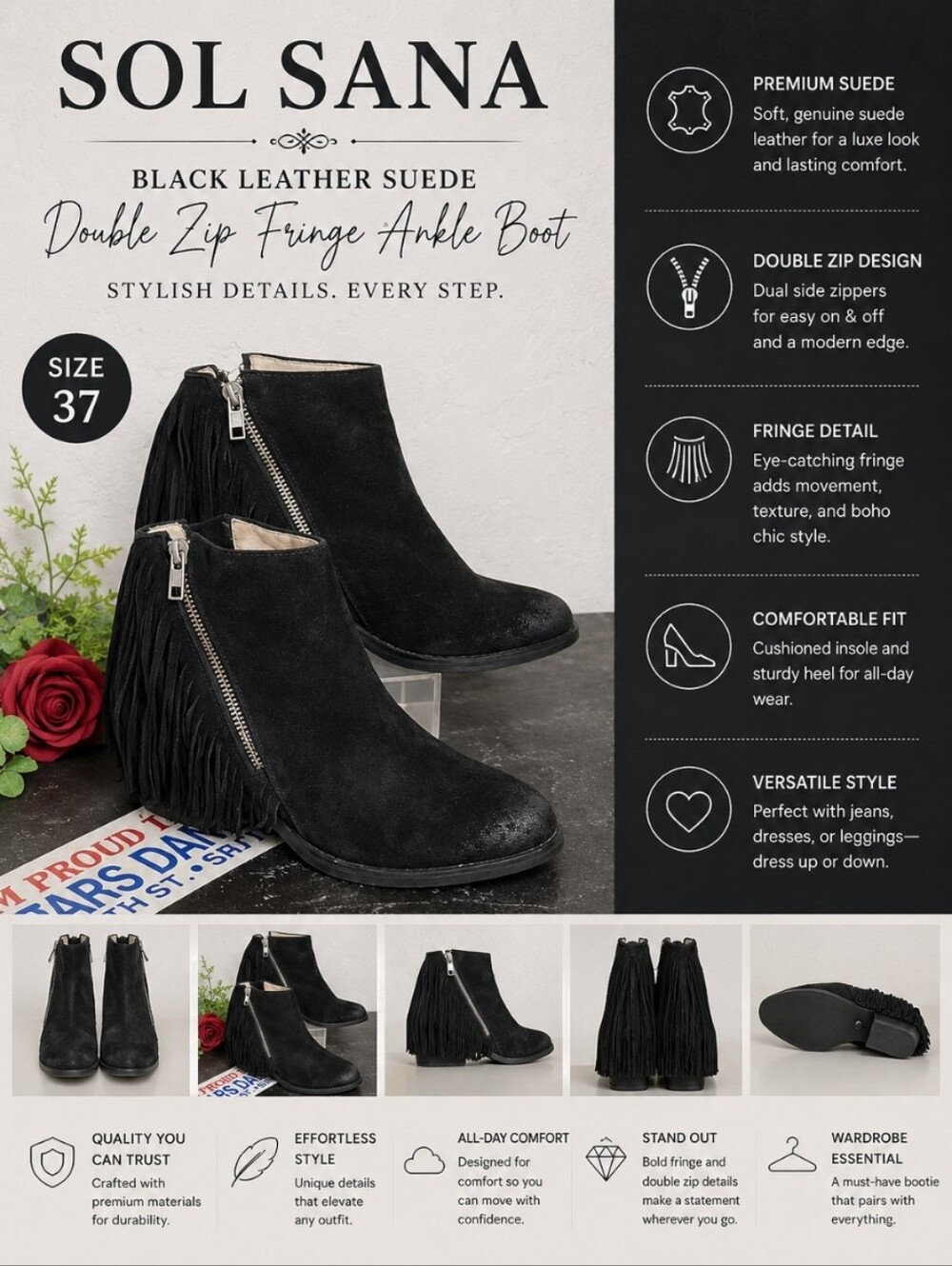 SOL SANA  Black Leather Suede Double Zip Fringe Ankle Boot  37